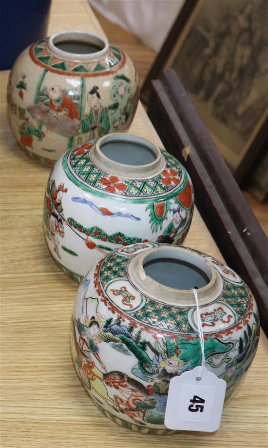 Three 19th / 20th century Chinese famille verte jars, all lacking covers